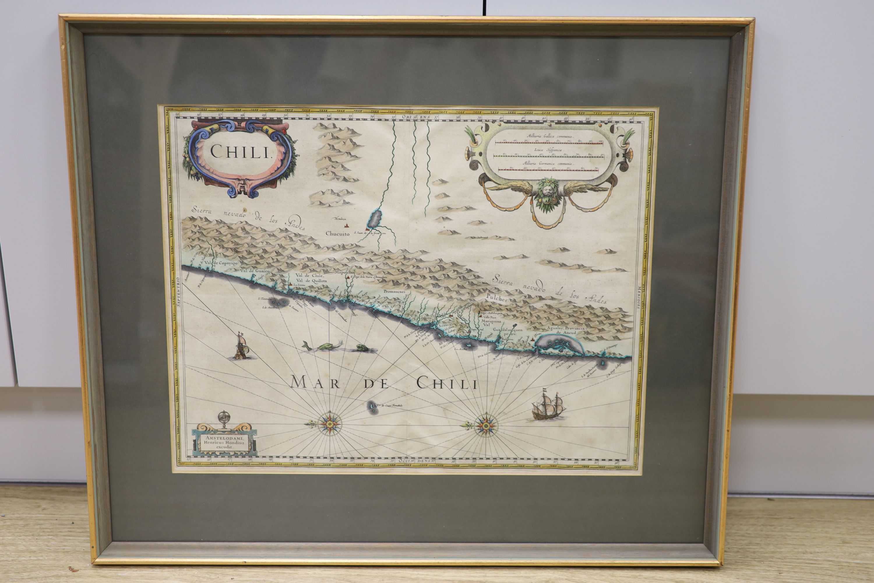 Henricus Hondius, coloured engraving, Map of Chile, 38 x 49cm